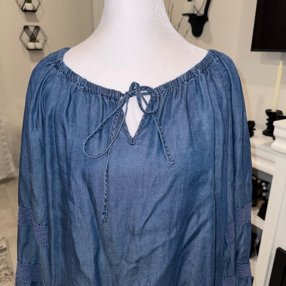 2 x 20$ Harper 241 Blue Denim Midi Dress with Tie Neck Size Medium - Picture 3 of 10